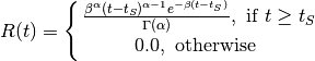 R(t)=
\Biggl \lbrace
{
    \frac{ \beta^\alpha (t-t_S)^{\alpha-1} e^{-\beta (t-t_S)}}{\Gamma(\alpha)} ,\text{ if } { t \geq t_S }
    \atop
    0.0, \text{ otherwise }
}