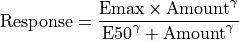 \text{Response} = \frac{\text{Emax} \times \text{Amount}^\gamma}{\text{E50}^\gamma + \text{Amount}^\gamma} \\